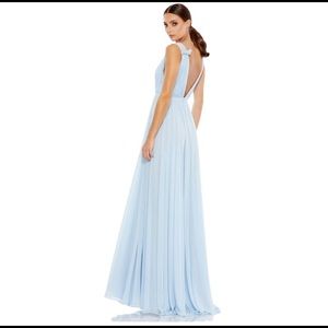 Mac Duggal Pleated Chiffon Sleeveless V-Neck Gown in Powder Blue